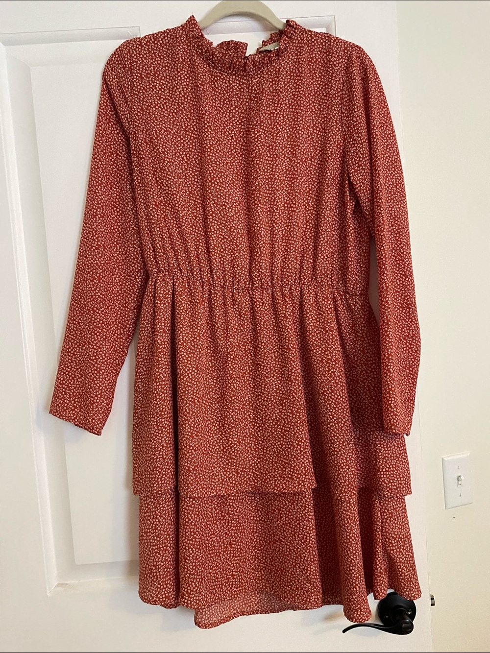 Gianni Bini Rust Microdot Long Sleeve Tiered Dress